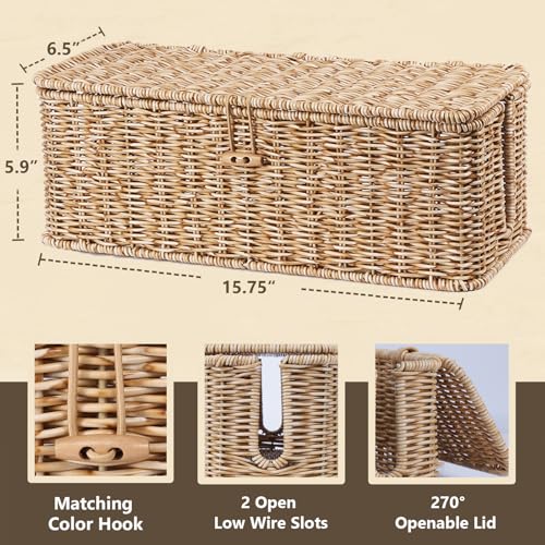 BROWNLILY Cable Management Box, Rattan Style Cord Organizer for Desk Cord Hider Outlet Covers Baby Proofing for Power Strip TV PC Router Charger Under Desk Storage with Lockable Lid and Cable Ties - color: Natural, size: L