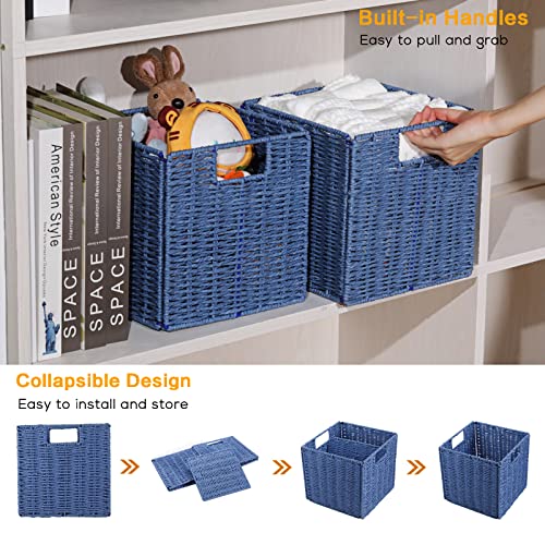 Vagusicc Wicker Basket, Set of 2 Hand-Woven Paper Rope Storage Baskets for Organizing, Foldable Cubby Storage Bins, 9 Inch Small Wicker Storage Basket, Square Baskets Cube Storage Organizer Bins, Blue - color: Dark Blue, size: 9'' x 9'' x 9''