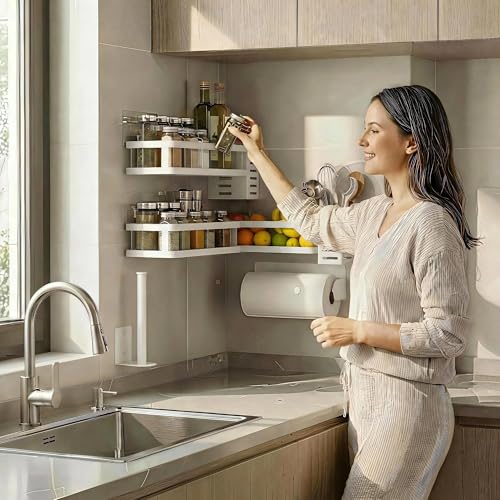 PUSDON 5-in-1 Shower Caddy & Kitchen Organizer Set, Wall Mount Wide Spice Rack with Paper Towel Holder, Utensil Holder, Soap Dish, Rustproof Mesh Baskets Hold 50LBS - White, Guardrail - color: White, size: 5-in-1 Minimalist (12.6" Wide)