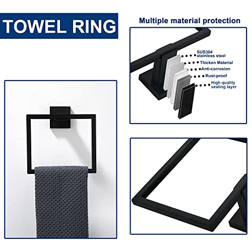 5 Pieces Bathroom Hardware Accessories Set Matte Black, 16Inch Square Towel Racks Set for Bathroom, SUS304 Stainless Steel Towel Bar Set, Bath Accessories Sets Wall Mounted - color: Matte Black, size: 16" 5pcs