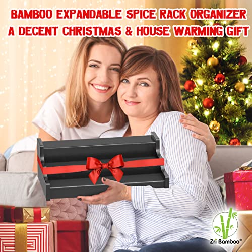 Spice Rack Organizer For Cabinet - 3 Tier Black Bamboo Wooden Expandable Display Shelf from 12.70 to 22.20 inch - color: Black