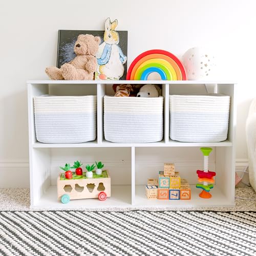NaturalCozy Storage Cubes 9”x9”x7”Cotton Rope Woven Baskets for Organizing 3-Pack | 9 Inch Cube Storage Bin | Small Basket for Shelf Nursery, Pantry, Decorative Plant, Bathroom Closet, Toy Gift - color: Off White & Mixed Blue