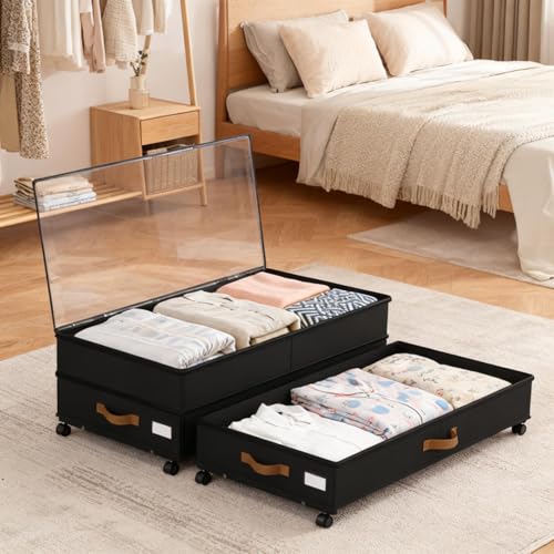 Under Bed Storage with Wheels 2-Pack, 75L XXL Under the Bed Storage Containers Large, 12" Tall Adjustable Storage for Underbed with Lids, Rolling for Clothes, Shoes, Blankets (Black) - color: Black