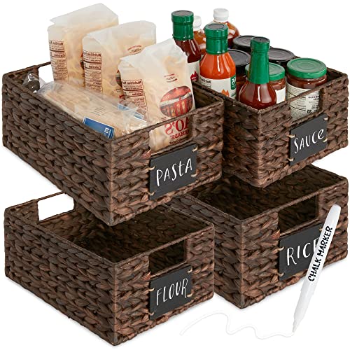 Best Choice Products Set of 4 9x12in Water Hyacinth Pantry Baskets, Woven Organizers w/Chalkboard Label, Chalk Marker - Brown - color: Brown, size: 9x12x5in