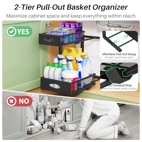 Under Sink Organizer, 2-Pack Pull Out Cabinet Organizer 2 Tier Metal Slide Out Storage Shelf Rack, L-Shaped Adjustable Height,Mesh Sliding Drawer for Kitchen, Bathroom, Laundry, Pantry, Black, XL - color: Black, size: 2-Pack (XL)