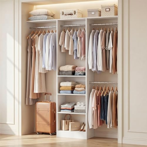 Cyclysio 4FT Small Closet System, 80"H Closet Organizer System with 4 Closets Rods & 3 Shelves, 48" Closets Organizers and Storage for Small Bedrooms, Laundry Rooms, Cloakrooms, White - color: White