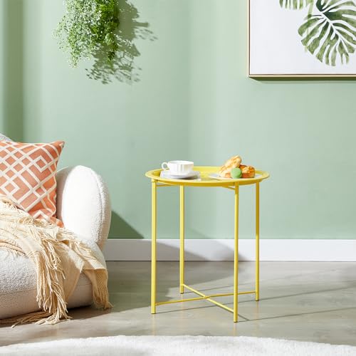 VECELO Side/End Table, Folding Round Metal Anti-Rust and Waterproof Outdoor or Indoor Tray for Living Room Bedroom Balcony and Office, 2 PCS, Yellow - color: Yellow, size: 2 PCS