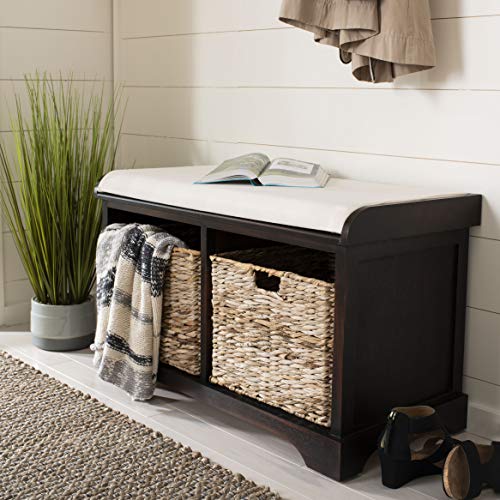 SAFAVIEH Home Collection – Freddy Brown Storage Bench with Wicker Baskets & Cushion, Entryway Seating Bench, Fully Assembled (AMH5736A) - color: Brown