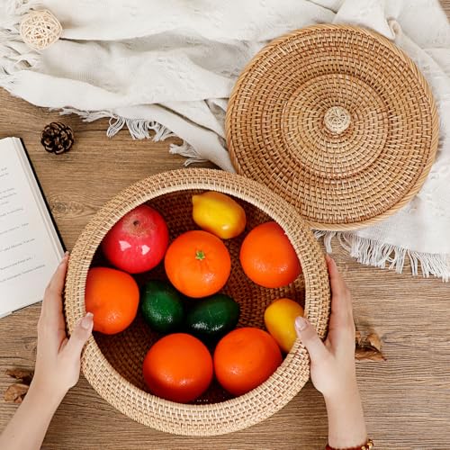 Hipiwe Round Rattan Boxes with Lid, X-Large Woven Bread Basket Natural Rattan Basket Wicker Storage Box Decorative Basket for Coffee Table Farmhouse Picnic Fruit Storage Basket - size: X-Large,10.3"D x 4.3"H
