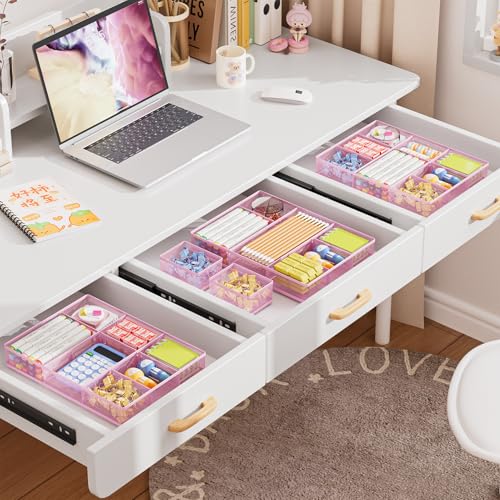 Marbrasse 3 Packs Desk Drawer Organizers, Metal Mesh Dividers with 9 Adjustable Compartments, Pen Organizer for Drawer Tray Box Accessories for Desktop,Kitchen, Makeup(Pink) - color: Pink
