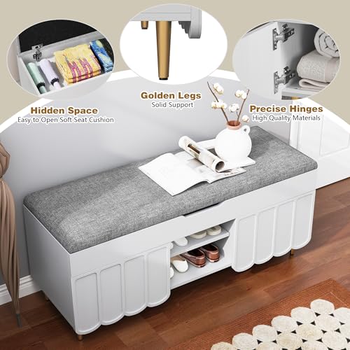 3More 40" Entryway Shoe Storage Bench,Upholstered Hidden Space Beneath Seat Cushion Bench,2-Tier Unique Geometric Shape with Wood Grain,White - color: White