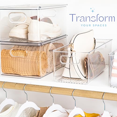 Plastic Food Storage 2 Pack Clear Container Bin with Handles for Organizing Kitchen, Pantry, Refrigerator, Freezer, Pantry, Cabinet, Closet, Bathroom. 16”x6”x5” - size: 16x6x5