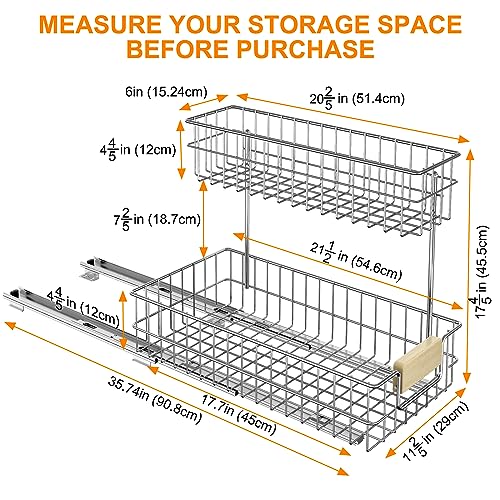 ROOMTEC Pull Out Cabinet Organizer, Under Sink Slide Out Storage Shelf with 2 Tier Sliding Wire Drawer, Sliding Storage for Inside Kitchen Cabinet- 11½ in. W x 21½ in. D (Right) - color: 11.5"W*21.5"D(Wood Handle-Right)