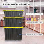 4 PACK Large Black & Yellow Storage Bins | Plastic Tote Organizing Container with Secure Latching Lids, Stackable, Extra Strength with Built in Handle | Black and Yellow Bins | 24.5" x 16.5" x 13.5" - size: LARGE - 24.5" x 16.5" x 13.5"
