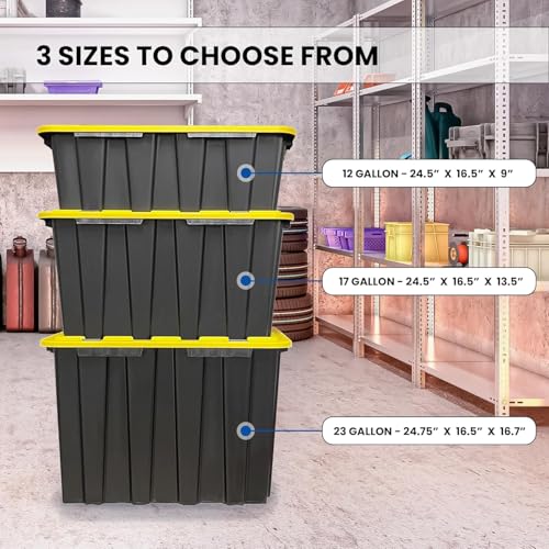 4 PACK Large Black & Yellow Storage Bins | Plastic Tote Organizing Container with Secure Latching Lids, Stackable, Extra Strength with Built in Handle | Black and Yellow Bins | 24.5" x 16.5" x 13.5" - size: LARGE - 24.5" x 16.5" x 13.5"