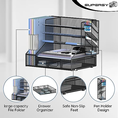 SUPEASY Desk Organizer with File Holder, 5-Tier Mesh Paper Letter Tray and 3 Tilted File Sorter for Office Supplies, Black - color: Industrial Black