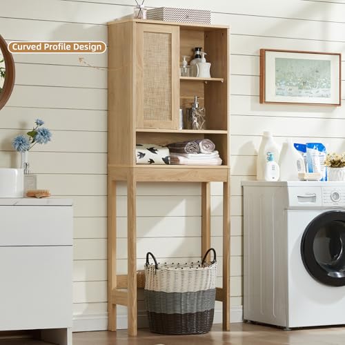 LEYAOYAO Over The Toilet Storage Cabinet with Rattan Sliding Door, 68" Tall Wood Above Toilet Bathroom Organizer w/Adjustable Shelf & Curved Profile, Space Saver Freestanding Washer Shelf, Natural - color: Natural, size: 10"D×23.3"W×68"H
