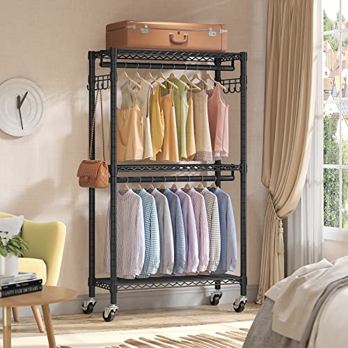 VIPEK R2 Medium Rolling Clothes Rack Heavy Duty Clothing Rack for Hanging Clothes Adjustable Metal Wire Shelving Portable Closet with Wheels Side Hooks, Freestanding Closet Wardrobe, Black - color: Black, size: R2 Medium