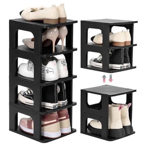 TRZZ 5-Tier Small Shoe Rack, Vertical Narrow Stackable Organizer with Removable Partition, Efficient Shoe Storage for Closet, Entryway, and Small Spaces (Black) - color: Black, size: 5-Tier-9.5"L