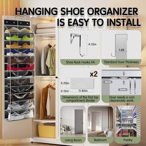 Kotkn Over The Door Shoe Organizer with 12 Large Breathable Pockets - Durable Hanging Storage for the Entire Family's Shoes (Black) - color: Black