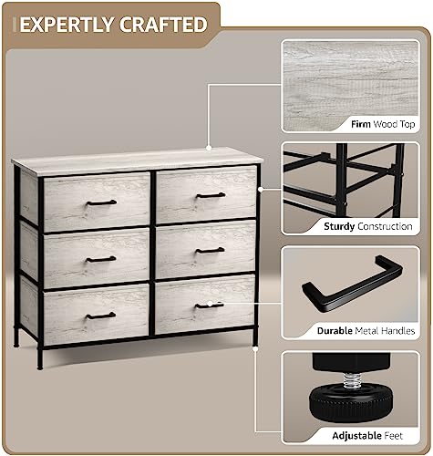 Sorbus Dresser with 6 Faux Wood Drawers - Chest Organizer Unit with Steel Frame Wood Top & Handle Easy Pull Fabric Bins for Clothes - Storage Furniture for Bedroom, Hallway, Living Room & Closet - color: Greige, style: 6 Drawer