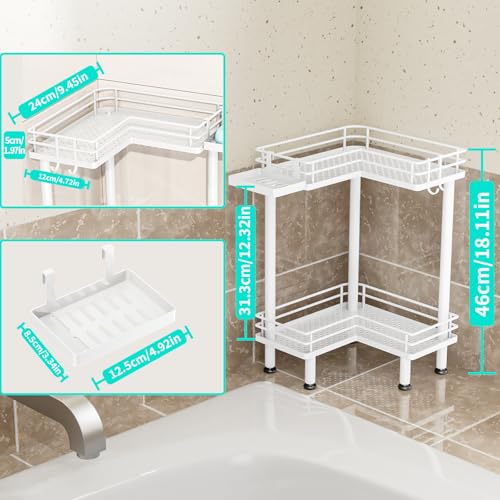 HapiRm Corner Shower Caddy Standing - 2 Tier Shower Organizer Corner with Soap Holder, Rustproof Bathroom Standing Organizer with 2 Hooks, White - color: White, size: 2-tier