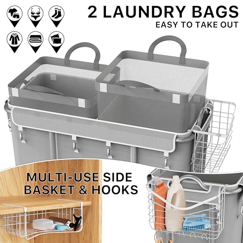 Simple Houseware Extra Large 2 Section Rolling Laundry Cart 265L (70 Gal) – Heavy Duty Hamper with 2 Removable Bags & 6 Smooth Wheels – Commercial Laundry Organizer for Home, Hotel, Dorm, Gym, Gray