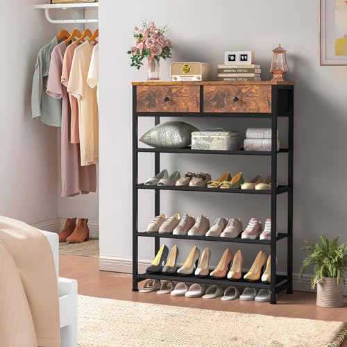 usikey Shoe Rack, 5 Tier Shoe Storage Organizer with 2 Drawers, Metal Shoe Shelf for 12-16 Pairs of Shoes, with 4 Oxford Fabric Shelves and Wooden Top, Shoe Stand for Closet Entryway, Rustic Brown - color: 5 Tier ( 28.3 X 11 X 36.2 Inches)-rustic Brown
