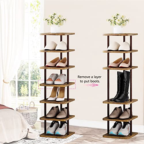 SORCEDAS 7 Tiers Vertical Shoe Rack Wooden Shoe Storage Organizer for Space Saving Narrow Shoe Shelf Storage 7 Pairs for Entryway Living Room Bedroom(Bronze + Rustic Dark Brown) - color: Bronze, size: 7 Tier-Standard