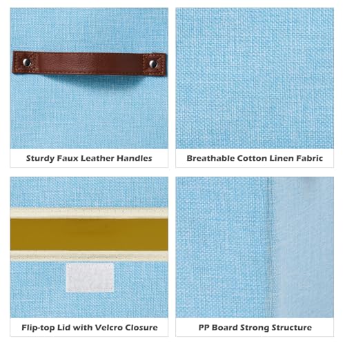 2PCS Storage Boxes with Lid Cotton Linen Fabric Storage Bins Organizer Container Decorative Collapsible Washable Shelf Closet Baskets Faux Leather Handles Home Bedroom (Light Blue, Small) - color: Light Blue, size: Small (Set of 2)