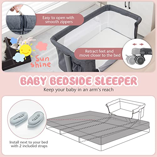 BABY JOY Bassinet Bedside Sleeper, 3 in 1 Folding Crib w/Adjustable Height, Mattress, Lockable Wheels, Storage Pocket & Carry Bag for Infant Newborn, Stationary & Rock, Portable Baby Bassinet (Grey) - color: Grey