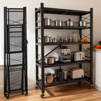 5-Tier Folding Storage Shelves, Heavy Duty Garage Shelving Unit, Adjustable Metal Standing Storage Rack Shelf, No Assembly Wire Shelving Organizer with Wheels for Kitchen Pantry Warehouse - size: 5-Tier