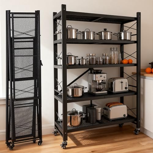 5-Tier Folding Storage Shelves, Heavy Duty Garage Shelving Unit, Adjustable Metal Standing Storage Rack Shelf, No Assembly Wire Shelving Organizer with Wheels for Kitchen Pantry Warehouse - size: 5-Tier