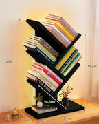 Godferyxin Tree Bookshelf with Liting,Small Bookshelf LED and Desktop Book Shelf Light for Office, Home or School Mini Bookcase for Wood Displaying Books, CDs, Magazines Wood Shelf Rack - color: 5tier-bookshelf Liting Black