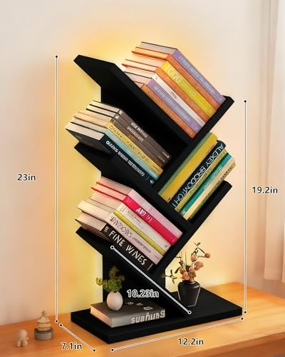 Godferyxin Tree Bookshelf with Liting,Small Bookshelf LED and Desktop Book Shelf Light for Office, Home or School Mini Bookcase for Wood Displaying Books, CDs, Magazines Wood Shelf Rack - color: 5tier-bookshelf Liting Black