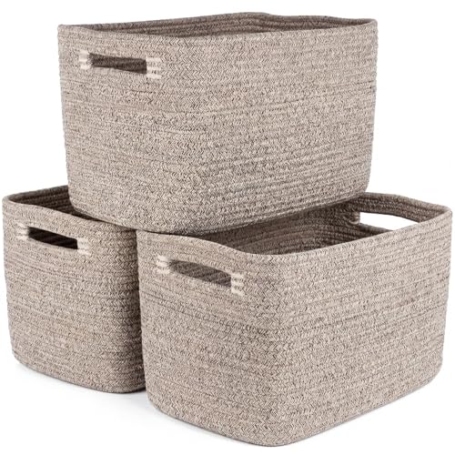 Storage Baskets for Organizing, 14 x 10 x 9” Closet Shelf Woven Baskets, Square Bins with Handles, Cotton Rope Basket for Toys, Clothes, Office, Room, Brown 3 Pack - color: Brown, size: 3pcs