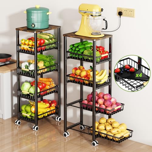 Fruit Vegetable Storage Basket for Kitchen, 5 Tier Large Pull-Out Metal Wire Baskets with 4 Pack Mats Bottom, Wood Top and Wheels, Vegetable Produce Bins Stand Cart Rack for Onions and Potatoes - color: 5 Tier-black With Four Mats and Wood Top