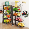 Fruit Vegetable Storage Basket for Kitchen, 5 Tier Large Pull-Out Metal Wire Baskets with 4 Pack Mats Bottom, Wood Top and Wheels, Vegetable Produce Bins Stand Cart Rack for Onions and Potatoes - color: 5 Tier-black With Four Mats and Wood Top
