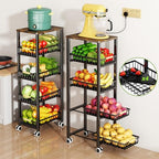 Fruit Vegetable Storage Basket for Kitchen, 5 Tier Large Pull-Out Metal Wire Baskets with 4 Pack Mats Bottom, Wood Top and Wheels, Vegetable Produce Bins Stand Cart Rack for Onions and Potatoes - color: 5 Tier-black With Four Mats and Wood Top