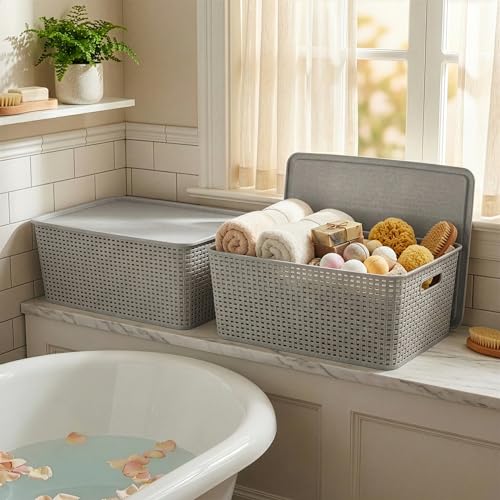 BINO | Plastic Storage Baskets with Lids, 33 Liter - 3 Pack, Natural Grey | THE WOVEN COLLECTION | Storage Basket for Shelves | Woven Storage Baskets for Organizing Bins | Pantry Shelf Organizer Bin - color: Natural Grey, size: 33L | 3-Pack