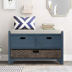 Fully Assembled Storage Bench - Solid Acacia Wood Shoe Organizer with 2 Drawers & Removable Rattan Basket, Rustic Hallway Seating (Navy) - color: Navy