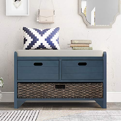 Fully Assembled Storage Bench - Solid Acacia Wood Shoe Organizer with 2 Drawers & Removable Rattan Basket, Rustic Hallway Seating (Navy) - color: Navy