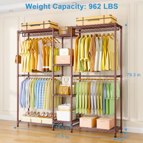 Ulif E4 Clothes Rack, Heavy-Duty Garment Rack, Metal Freestanding Clothing Organization Storage System Can Be L-Shaped with Shelves and Hangers, Max Load 962lbs, 71.6" W x 14.5" D x 79.3" H, Bronze - color: Bronze