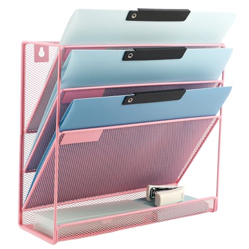 EASEPRES Desk File Organizer Mesh 4-Tier, Hanging Wall Mount Document Organization Stand, Desktop Vertical Mail Paper Folder Holder Rack with Bottom Tray for Office Home Cubicle Countertop, Pink - color: Pink, size: 4 Tier