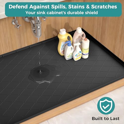 URMONA 31" x 19" Waterproof Silicone Mat in Multiple Sizes & Colors, Under Sink Mat for Kitchen & Bathroom, Pet Food Pad for Dogs & Cats, Kitchen Cabinet Liner, Multi-Purpose for Storage(Khaki) - color: Khaki, size: 19"W x 31"L