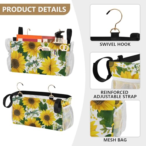 Cute Yellow Sunflowers and Dragonflies Bedside Caddy for Dorm Bed Bedside Hanging Caddy Bag Iron Frame Storage Organizer Pocket for Bunk Home College Hospital Beds 2 Hooks