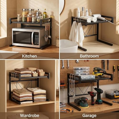 PUSDON Adjustable Carbon Steel Microwave Oven Rack, 2-Tier with 3 Hooks, 55lbs Weight Capacity, Black - color: Matte Black, size: C-frame 2 tier