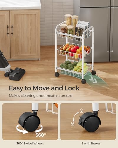 SONGMICS 3-Tier Metal Rolling Cart, Storage Cart with Removable Baskets, Utility Cart with Wheels and Handle, for Kitchen, Bathroom, Laundry Room, White UBSC003W01 - color: White