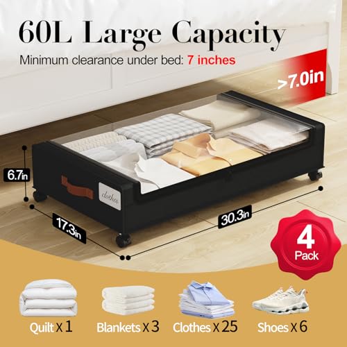 Yecaye Under Bed Storage with Wheels, 4 Pack Under the Bed Storage Containers with Lids & Label, XXL 60L Rolling Underbed Storage Drawers for Clothes, Blankets, Shoes, Black - color: Black, size: 4 Pack