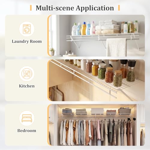 Giantex Closet Shelf with Hanging Rod, 6 ft Wall Mounted Wire Shelving Kit with Storage Shelf & Clothes Rod, Ventilated Metal Wall Shelf Organizer for Laundry Room, Closet, Bedroom, White - size: 6 ft